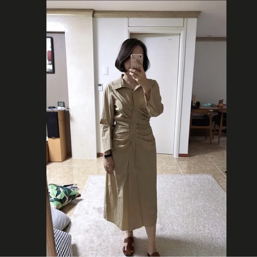 Lafayette 148 New York Ruched Zip Front Midi Dress in Khaki